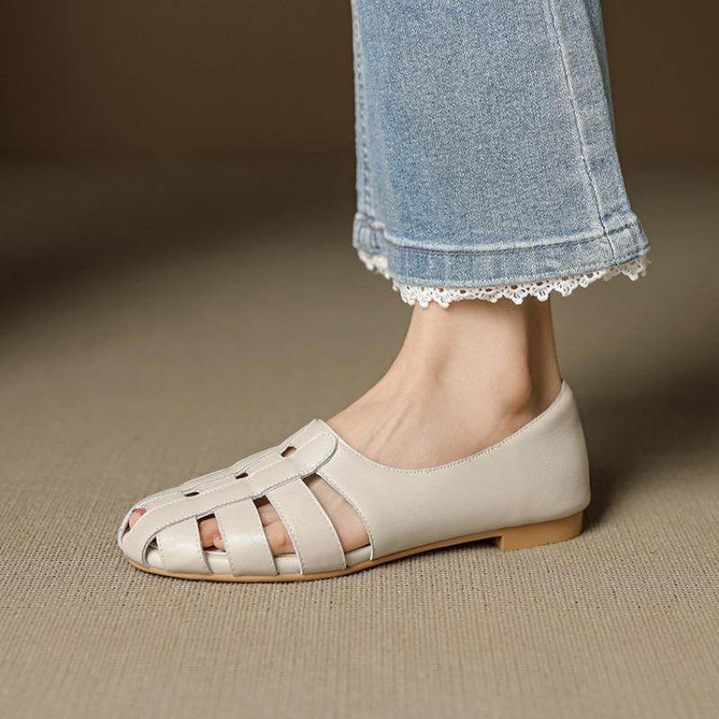 Neue Ledersandalen Sommer Sportsandalen Damen Ein-Pedal-Größe Sandalen Rindensehne Weiche Sohle Bequem Einfarbig