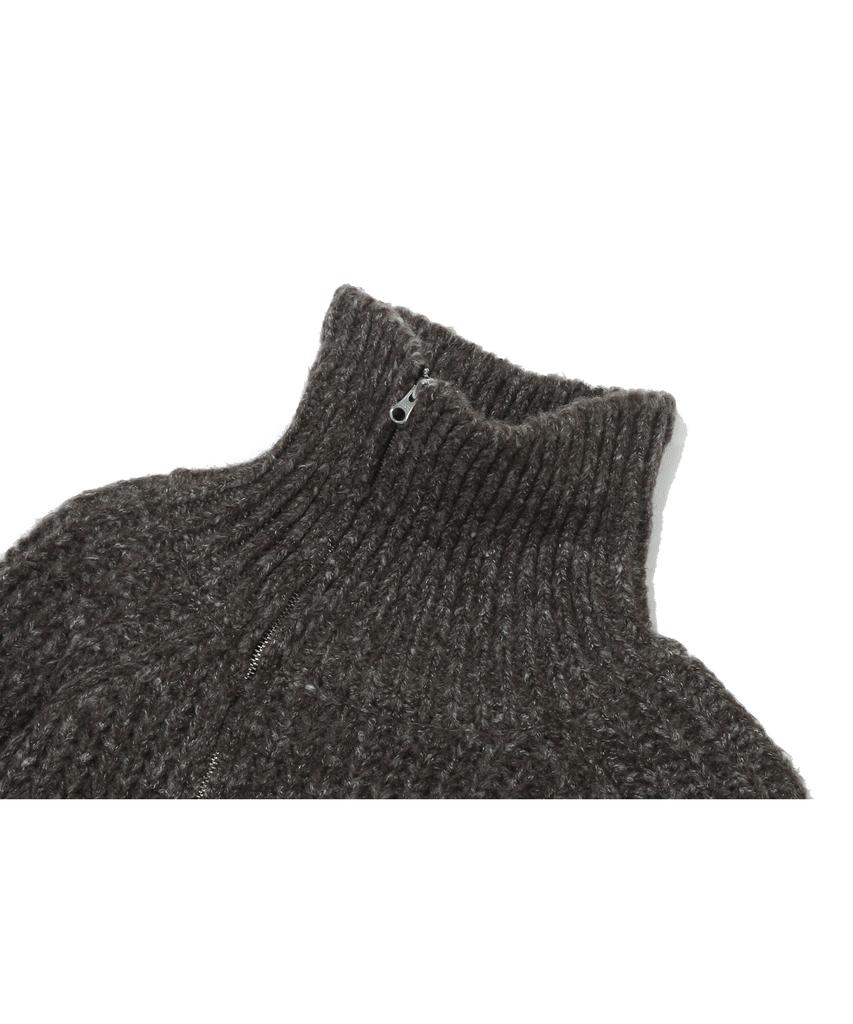 BASEMOMENT Asymmetric High-Neck Zip-Up Knit Melange Brown
