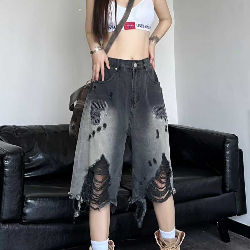 

Стираные черные серые рваные джинсовые летние американские винтажные брюки High Street Five размера плюс