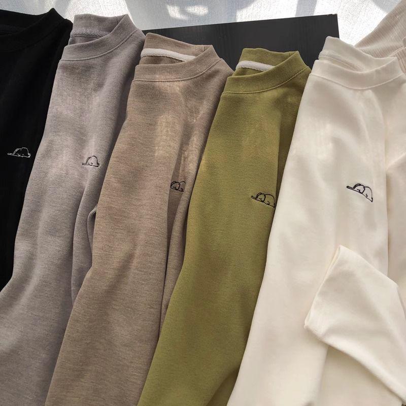 Dámský sametový top s dlouhým rukávem s výšivkou slona - Kulatý výstřih, Volný střih