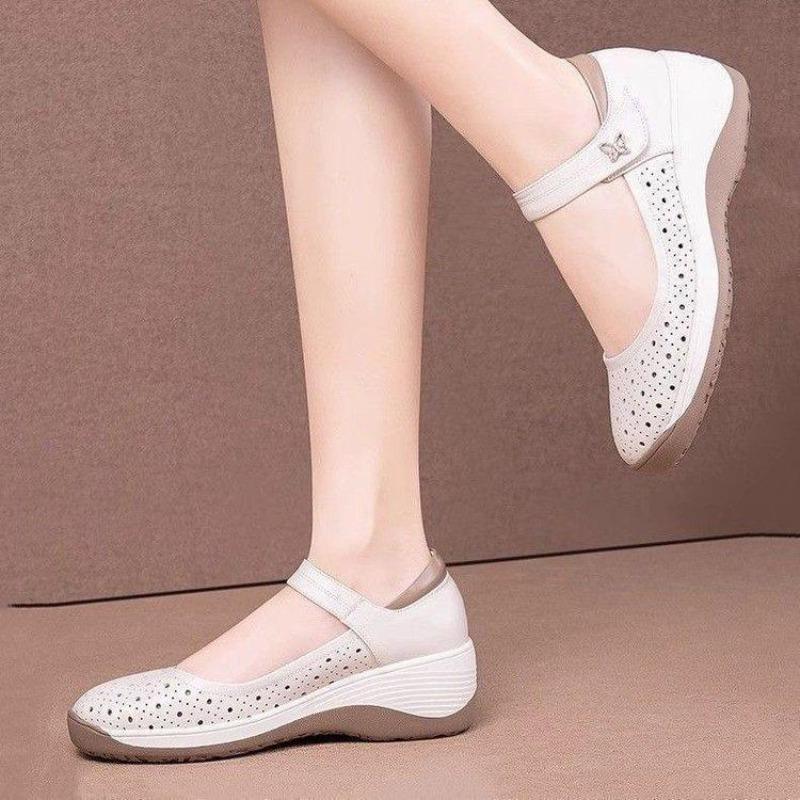 Casual Soft Leather Hollow Single Shoes Women's Summer New Versatile Thick-soled Breathable Non-slip Mother Shoes Sandals