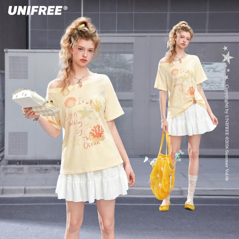 

UNIFREE Women s Fresh Ocean Print Loose T-shirt One Size