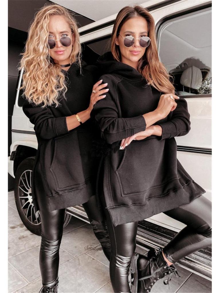 2024 Autumn/Winter Women's Solid Color Hooded Sweatshirt with Slit