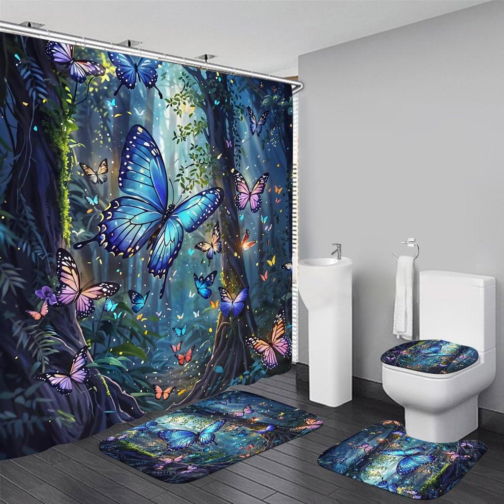 4Pcs Shower Curtain Set with Non-Slip Bath Mat, Toilet Lid Cover, Contour Rug & 12 Hooks, Bathroom