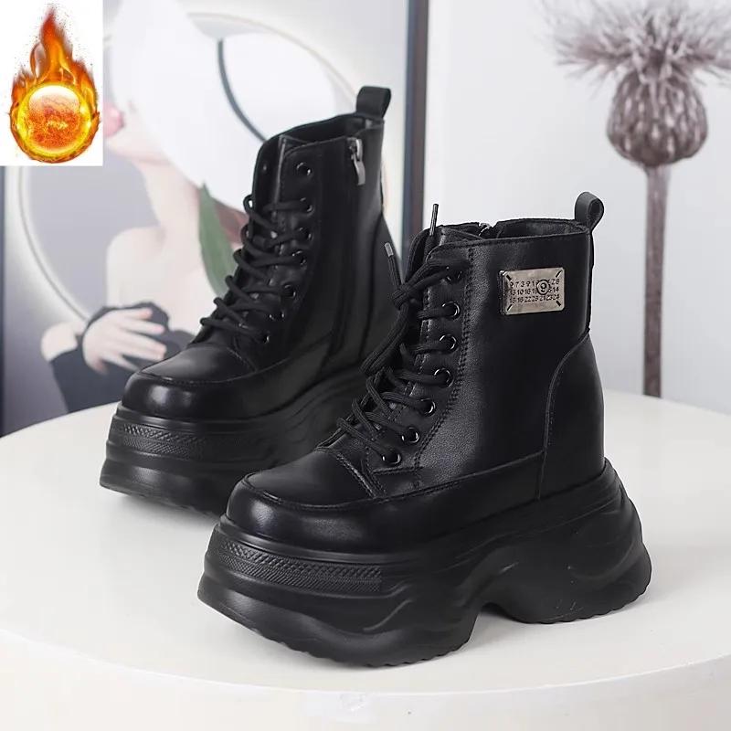 Fashion 12CM Microfiber Genuine Ankle Booties Chimney Shoes Genuine Leather Zipper Boots Women Autumn Motorcycle Spring Fashion