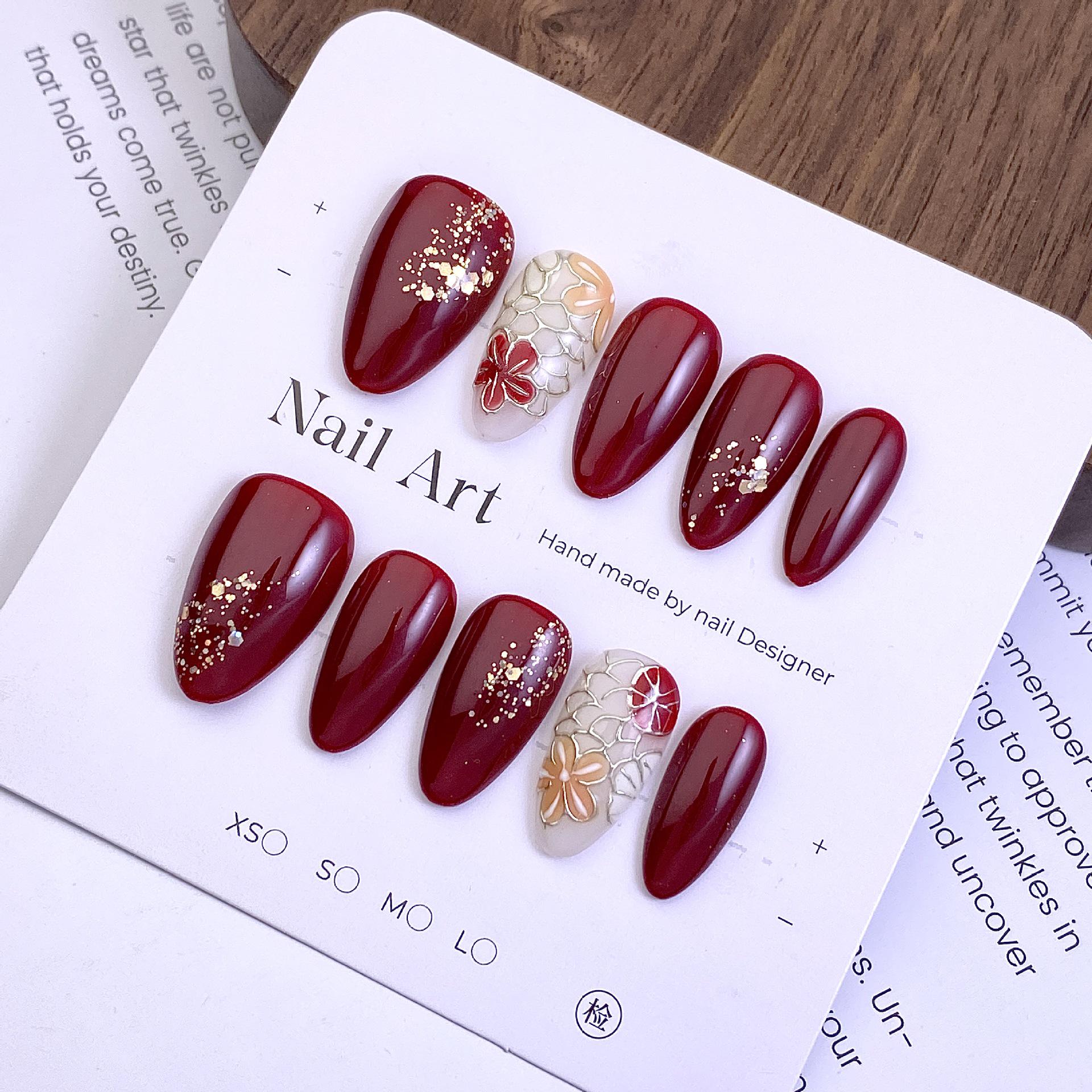 Handmade Luxe Floral Red & Gold Foil Nail Art Stickers - Chinese New Year Style Extra Small