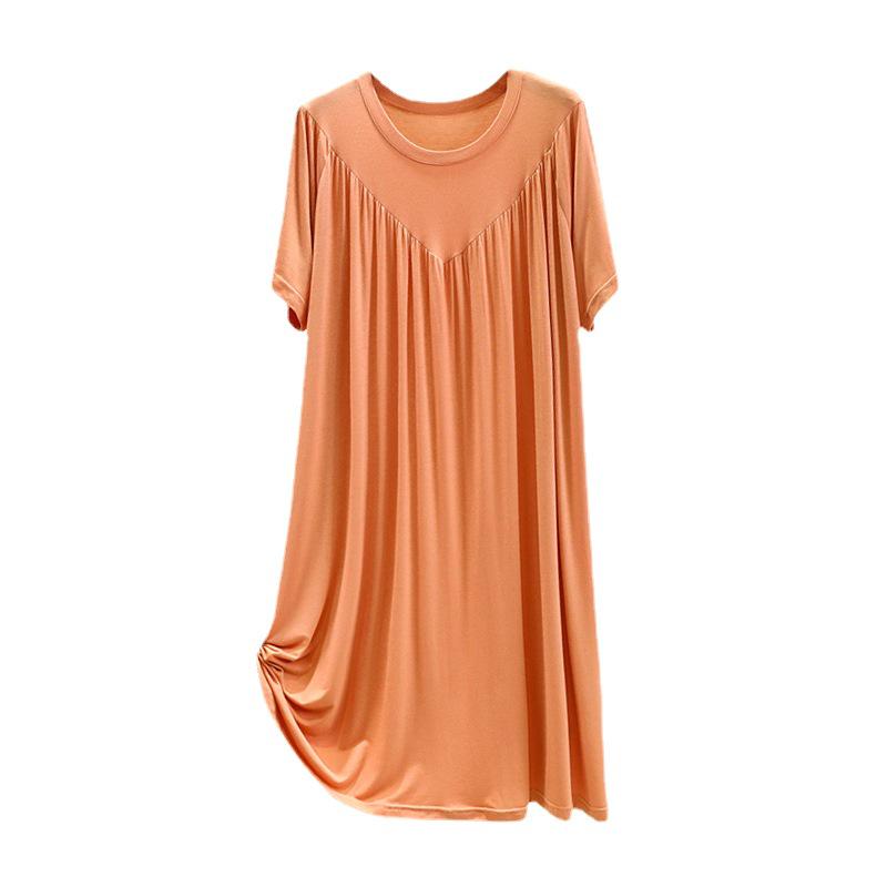 Plus Size Summer Modal Nightdress: Loose, Short-Sleeve V-Neck Pleated Long Home Dress