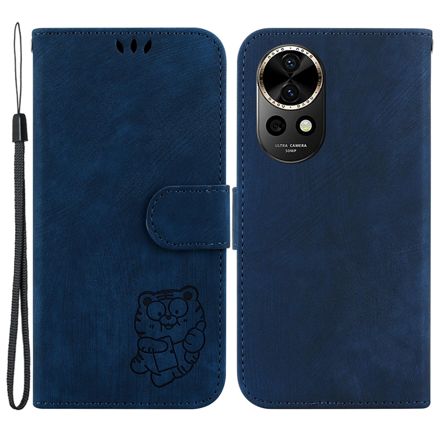 

For Huawei nova 12 5G Stand Case Cute Tiger Imprint Leather Wallet Phone Cover Dark Blue