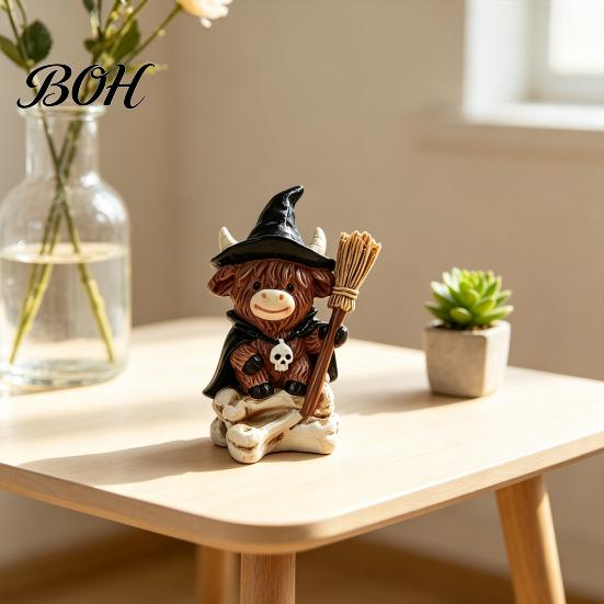 Decorative Cow Collectibles 2Pcs Halloween Highland Witch Ornament, Resin Figurine with Hat Pumpkin Broom Hand Painted Crafts & Skull, Cute Farmhouse