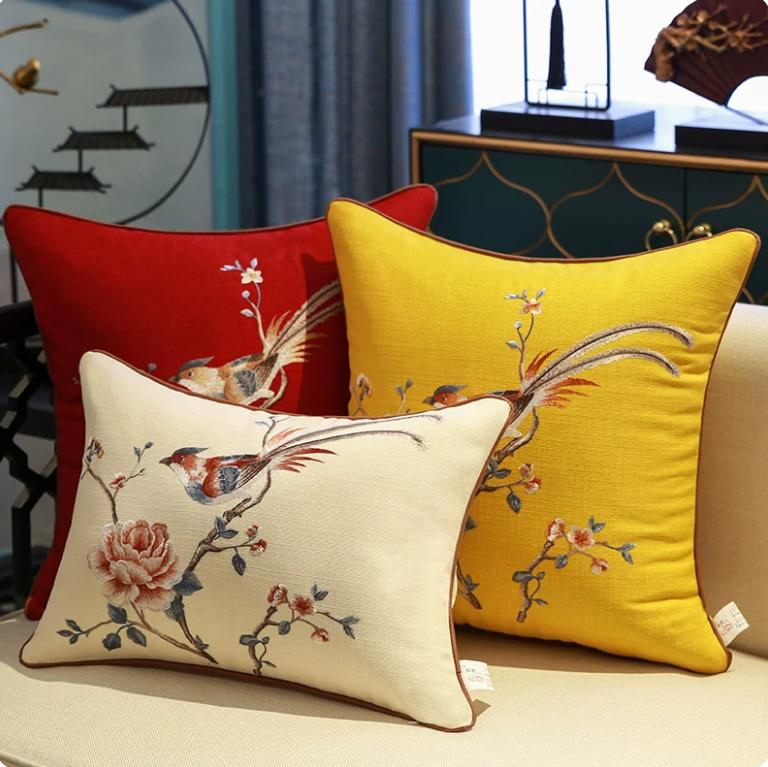 Chinese Style Embroidery Throw Pillow Cover Yellow Linen Cushion Cover with Peony & Bird Pattern for Sofa Home Decor