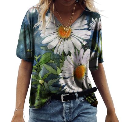 Summer Women Floral Print V Neck Short Sleeve Loose 3D T Shirt