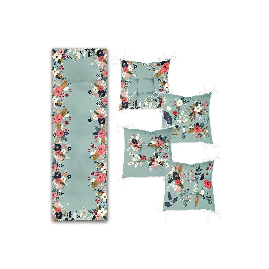 Conjunto de almofadas de cadeira impressas digitalmente com design de padrão de flor / 4 peças de almofadas de cadeira quadradas de 40 × 40 cm e corredor de 1 peça