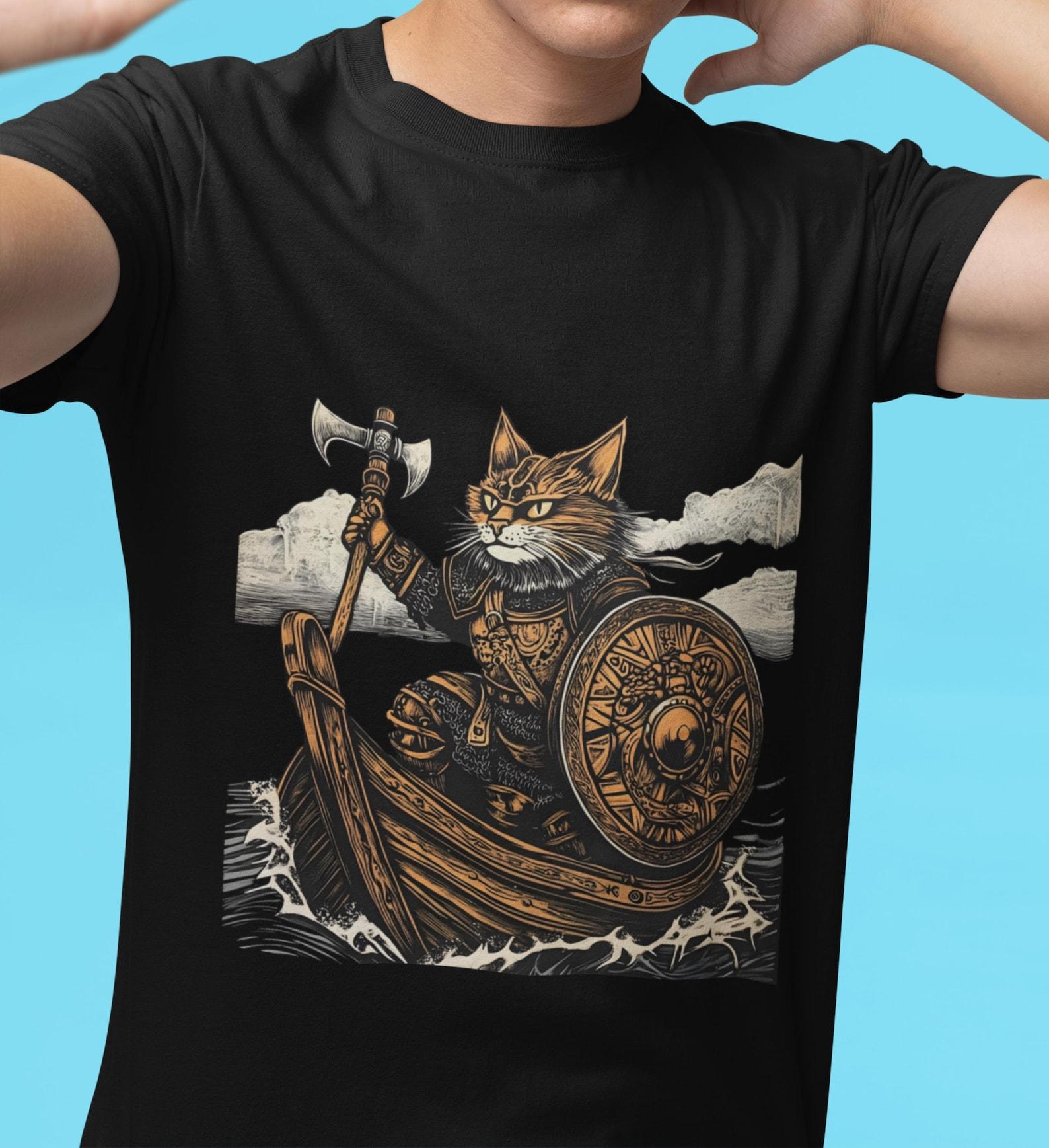 Viking Cat T-Shirt: Norse Mythology Warrior Graphic Tee 2XL