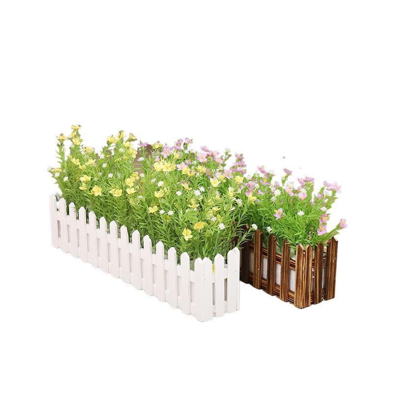 Silk Flower Pot with Wood Fence: Decorative Bonsai for Living Room or Office.