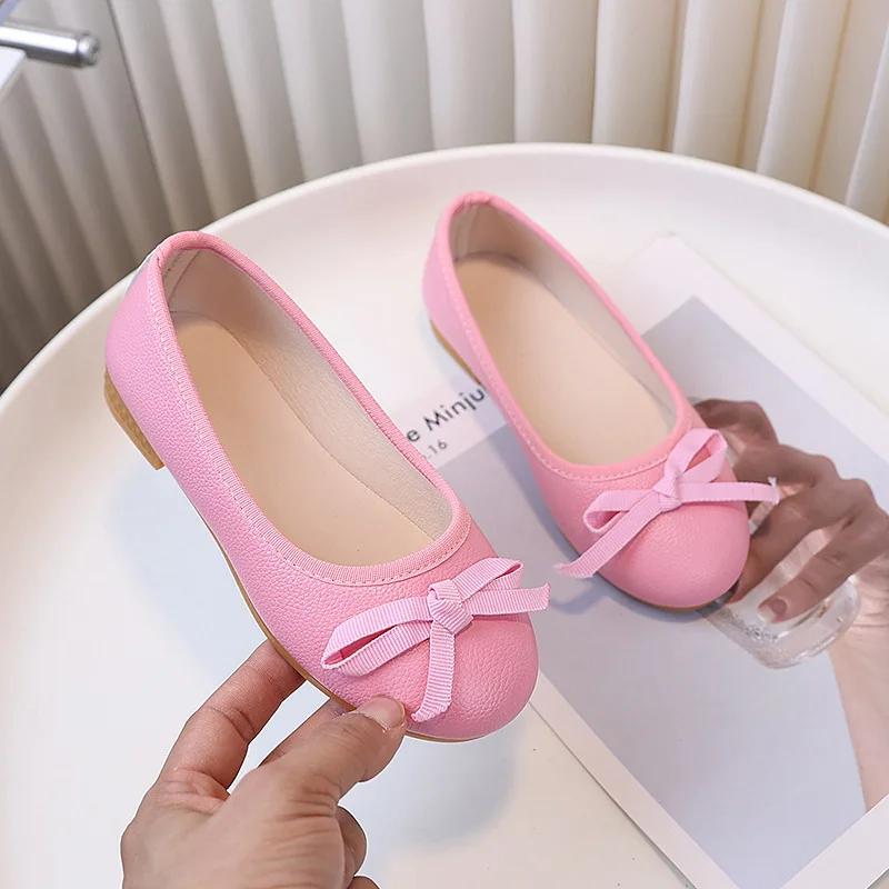 Spring Autumn Simple Children's Flats Sweet Bowknot Girls Fashion Princess Ballet Shoes New Versatile Kids Causal Leather Shoes