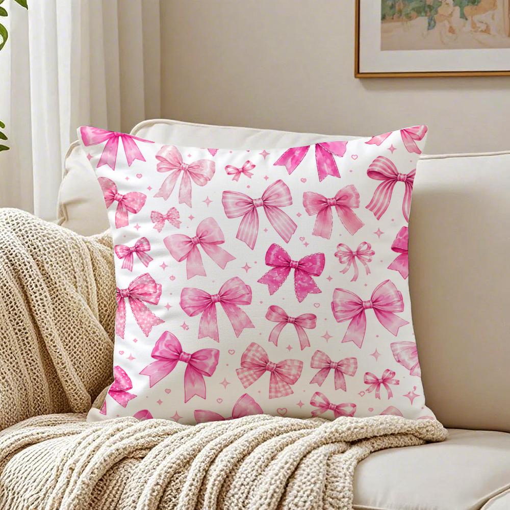 Pink Bow Pattern Cushion Cover Breathable Organic Short Plush Cushion Covers Machine Washable Wrinkle-Resistant Soft Durable