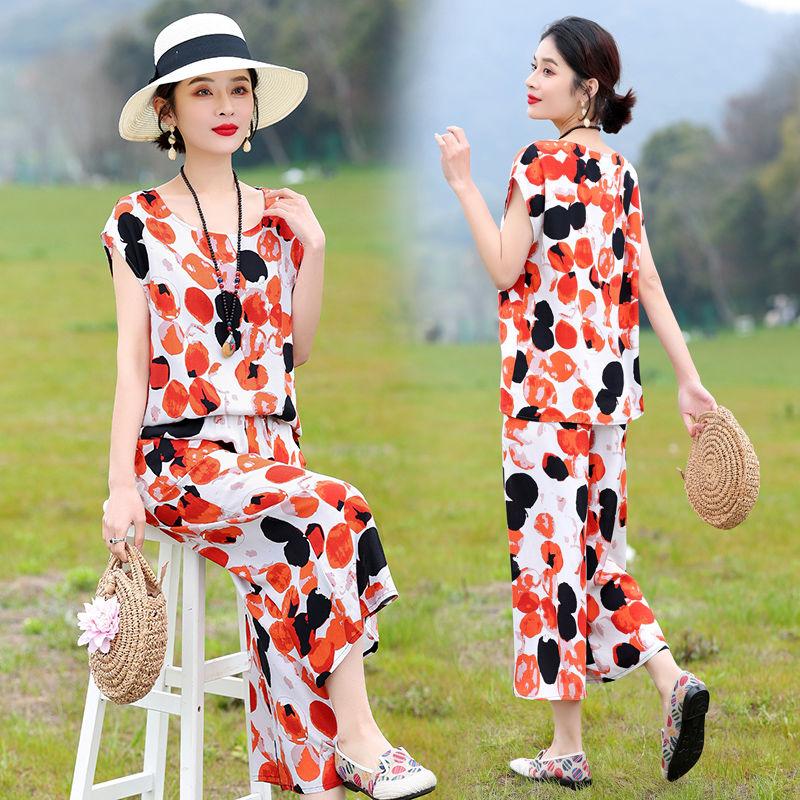 Cotton Silk Two Piece Set Womens Summer Outfit Loose Short Sleeve T-shirt and Pants Casual Trendy Plus Size