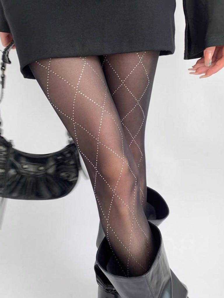 1 Pcs Rhombic White Rhinestone Decor Tights,Ultra-Thin Shiny Slim Fit Footed Black Pantyhose For Music Festival