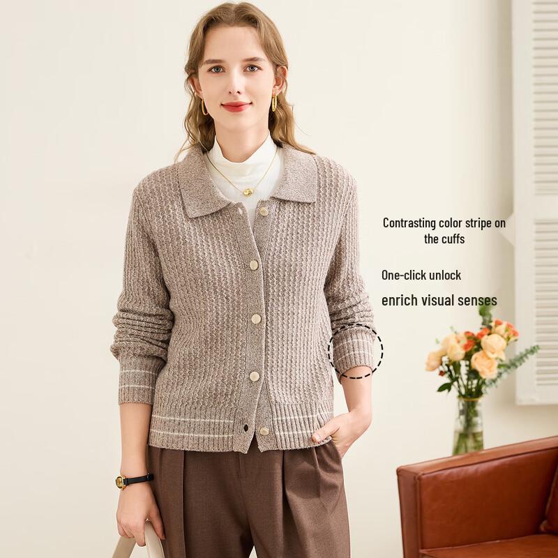 TUHUANG Women's Elegant Thick Pure Wool Lapel Cardigan