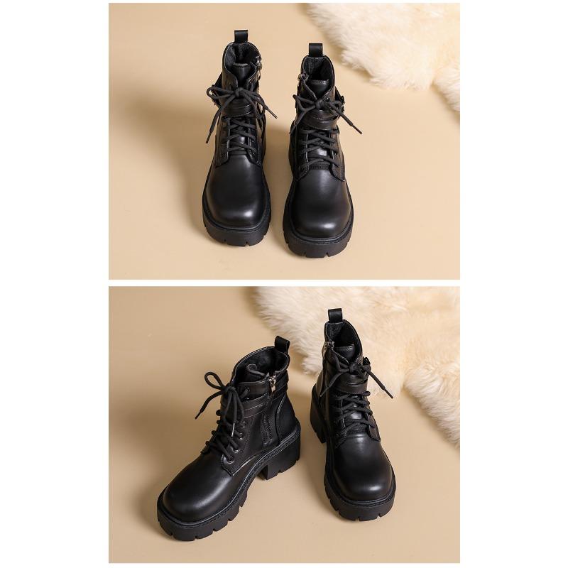 Vintage Platform Belt Buckle Mid-heeled Martin Boots 2025 Winter New Plus Size Thick-heeled British Style Boots for Women