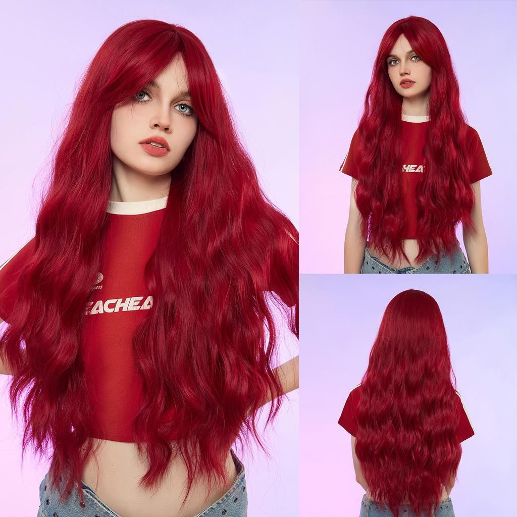 ALAN EATON Parrucca lunga ondulata rossa con frangia lunga, radice scura, parrucche sintetiche per donne, cosplay, feste, resistente al calore