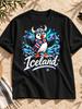 Unisex T-shirt Iceland Cute Puffin with Horned Styling Red Blue Stripes Aurora Snowy Mountains and S