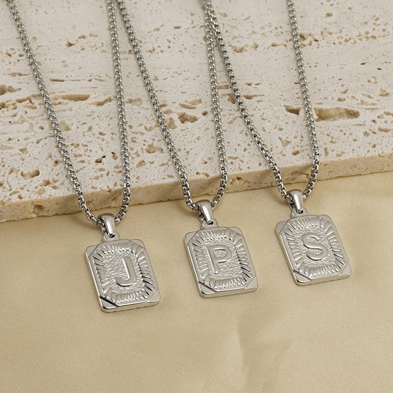 Unisex 18K Titanium Steel A-Z Letter Pendant Necklace with Square Pearl Chain