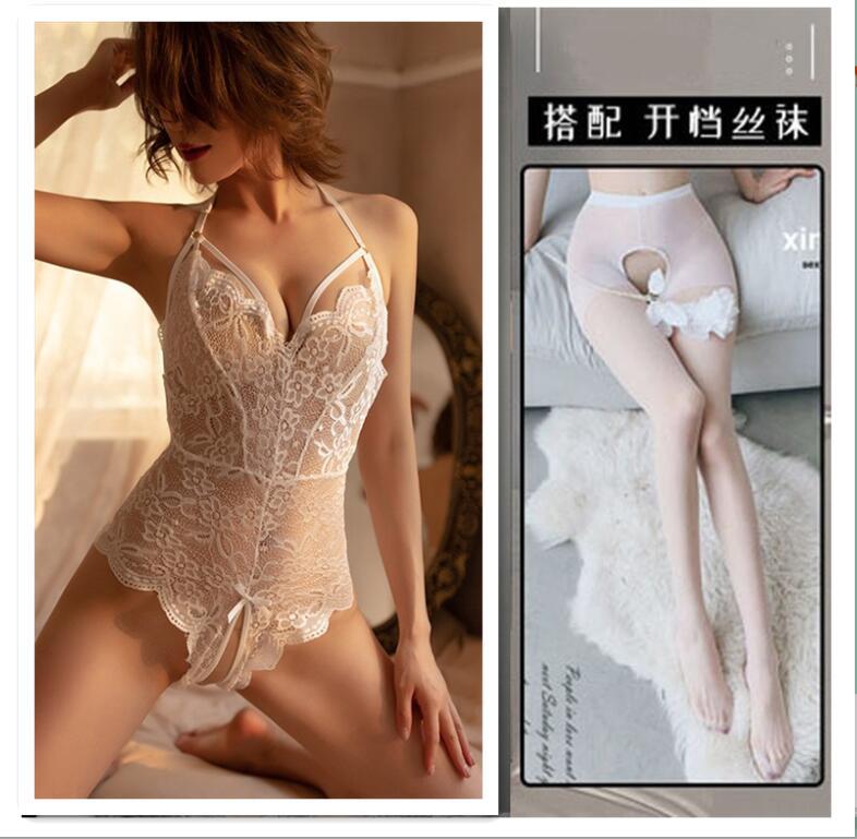 Lace perspective seduction lingerie sexy hot onesie open crotch free sex suit passion pajamas women