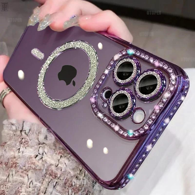 Apple 16 Pro Max MagSafe iPhone 15 Pouzdro s kamínky a třpytkami s krytem objektivu 16E, Sada 11 kusů