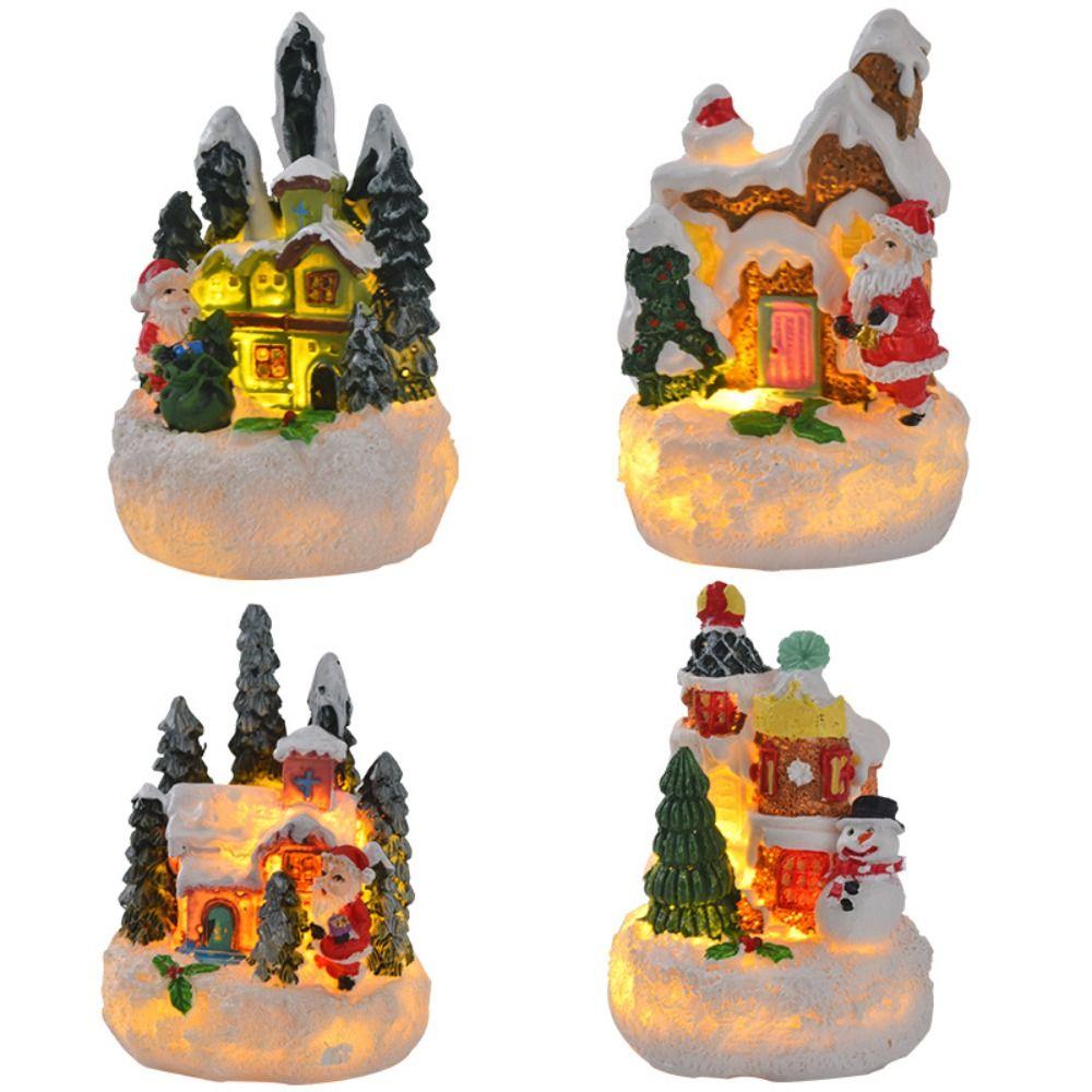 Cute Christmas House Ornaments Resin Miniature Figurine Sculptures House Statue Light Festival
