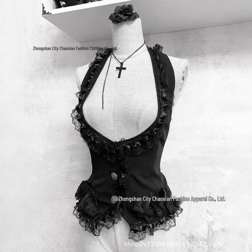 Women's Gothic Black Lace Halter Top: Slimming, Waist-Cinching, Sleeveless, Chic Dark Aesthetic