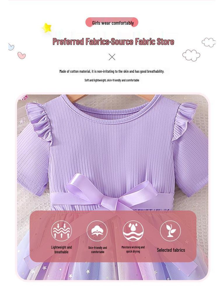 2025 Summer Girls' Gradient Mesh Bow Dress - Short Sleeve Princess Style