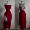 Elegant Spaghetti Strap Slit Maxi Dress with Lace-Up Back - Slim Fit and Open Back Design for Summer Parties