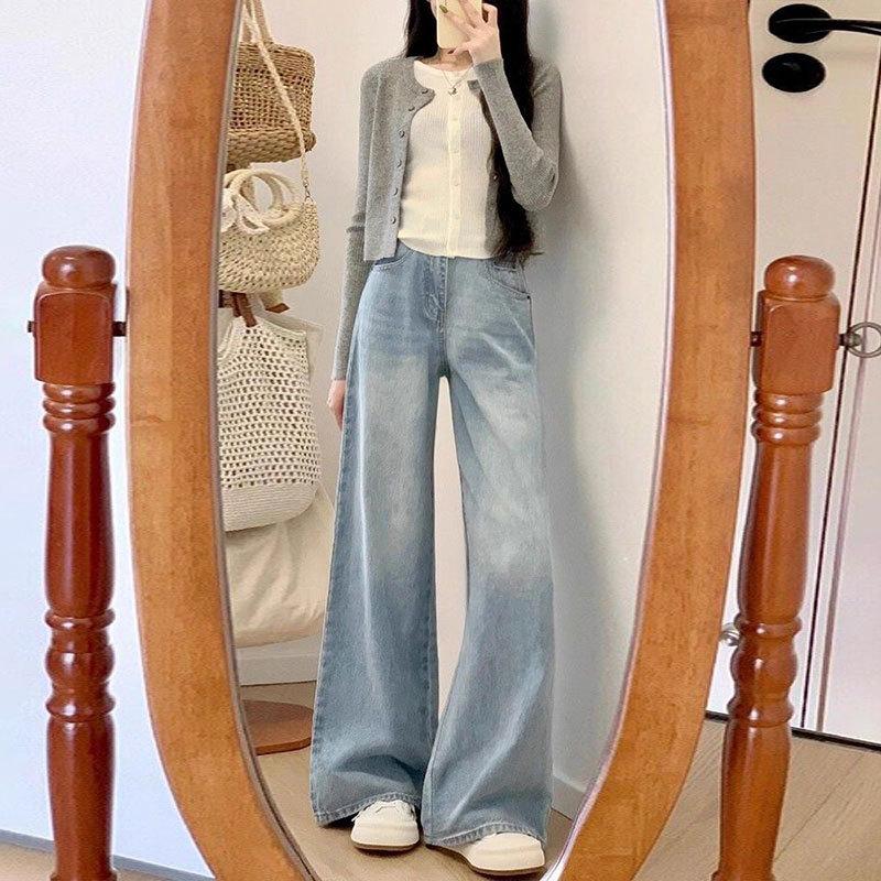 MOJTA Women Spring Autumn Plus Size Casual Jeans Loose Pants Hight Waist Wide Leg Trousers