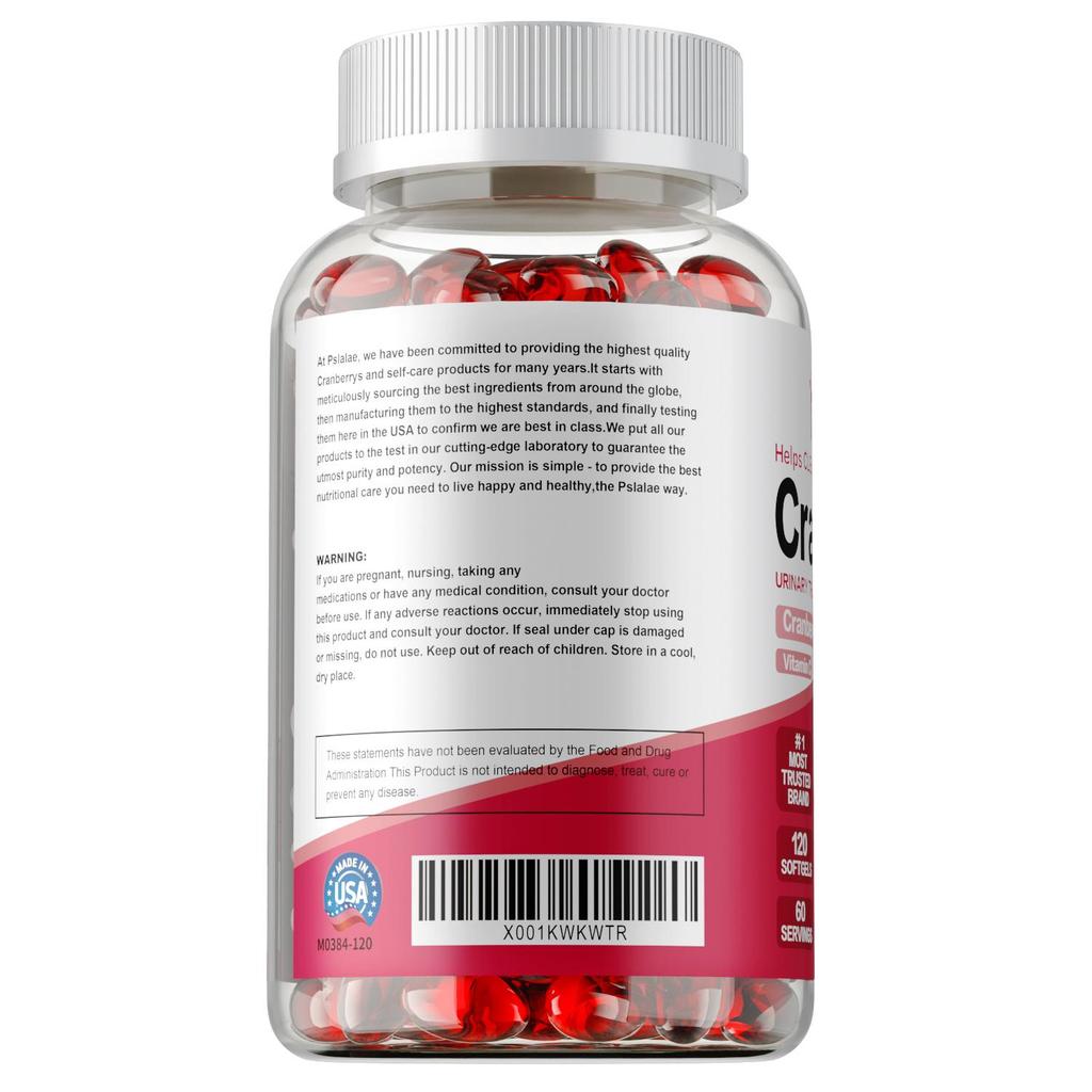 Pslalae Cranberry & Vitamin C Softgels - Immune Support, Urinary Tract Health, Easy Swallow Capsules - 120 Count