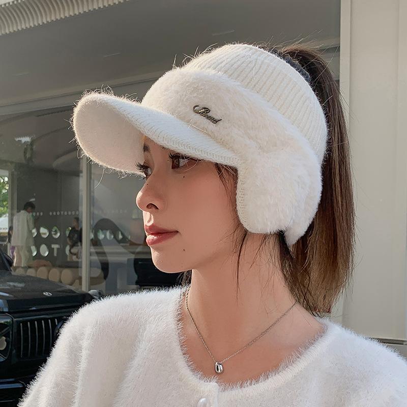 Korean Versatile Hat for Women In Winter Riding Windproof Ear Protection Hat Plus Velvet Warm Baseball Cap Casual Empty Top Wool Hat