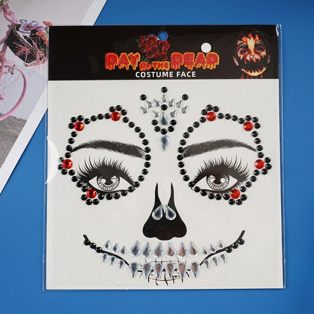 Funny Halloween Fake Tattoo DIY Skull Face Sticker Rhinestone Face Sticker  Day of The Dead
