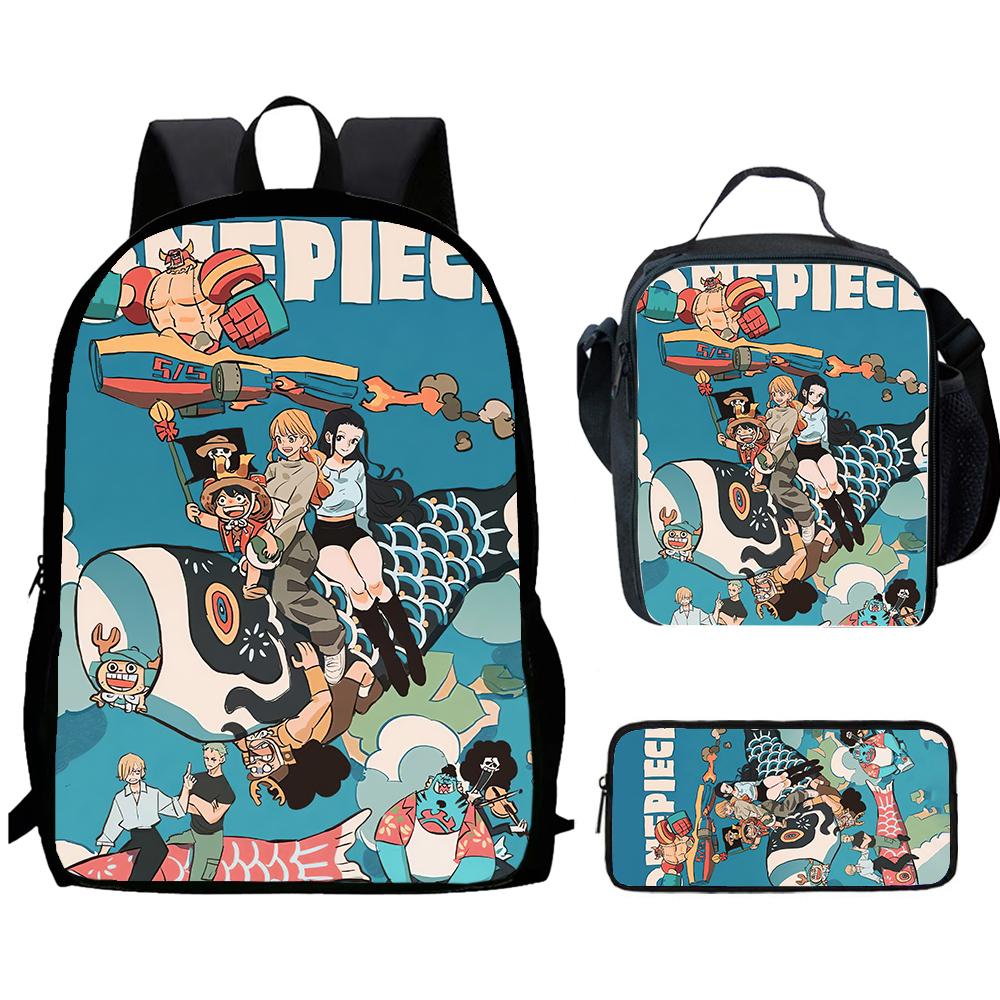 One Piece 15-Inch Mochila 3 Pcs Lightweight Adjustable Cartoon School Backpack With Lunch Bag Pencil Case For Children Ages 6-10