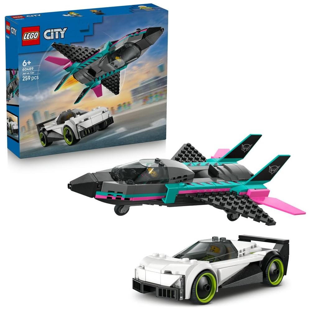 LEGO City Jet and Sports Car Speed Challenge Toy Building Set for Kids Ages 6-9, Educational Block Vehicles 60489