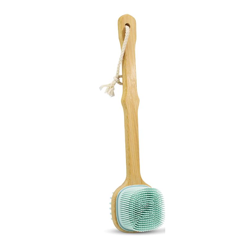 

1pc Silicone two-sided Brush Back Scrubber Shower Brush With Long Wooden Handle Dry Skin Exfoliating Body Massage Cleaning Tool світло-синій колір