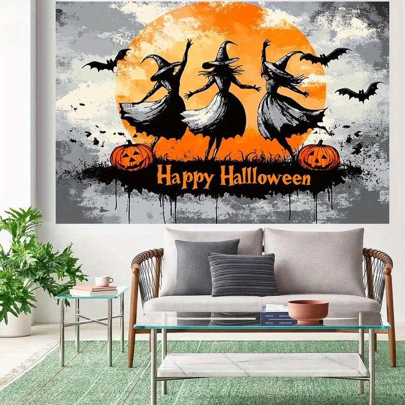 1 Stück Halloween-Hintergrundtuch inklusive 3 Hexen Vollmond Fledermäuse und Kürbis Halloween-Dekorationen einfach zu installieren
