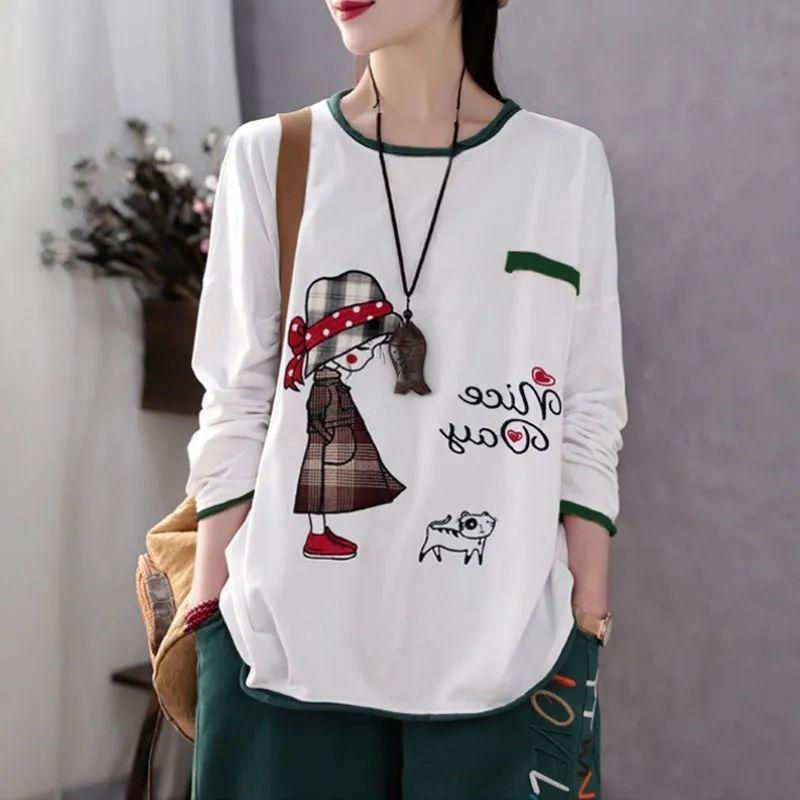 Women's Long Sleeve The T-shirt Round Neck Cute Girl Printed Pullover Tops Loose Bottoming Shirt
