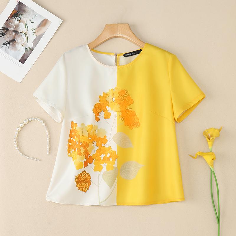 

ZANZEA Женская повседневная летняя блузка с круглым вырезом и коротким рукавом с цветочным принтом S жёлтый