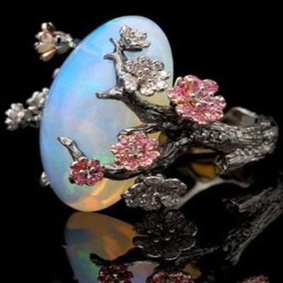 Vintage Women Faux Opal Plum Blossom Flower Two Tone Finger Ring Jewelry Gift