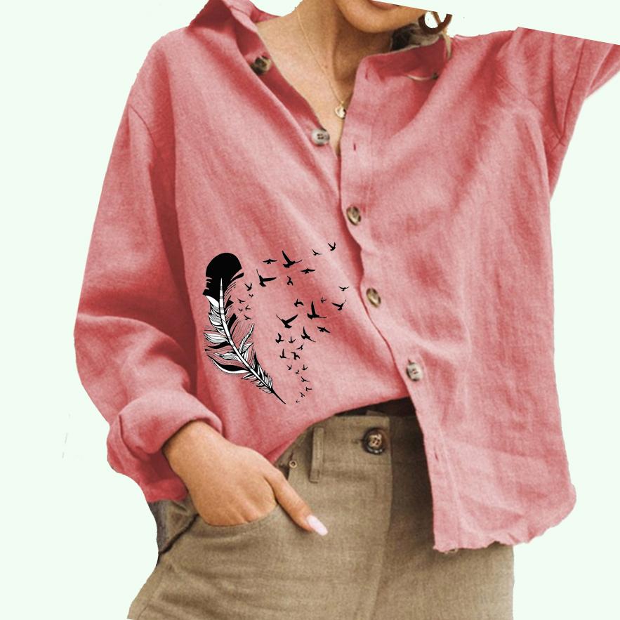 Damenmode Umlegekragen Bluse Damen Print Baumwolle Leinen Top Casual Button-Down-Shirt