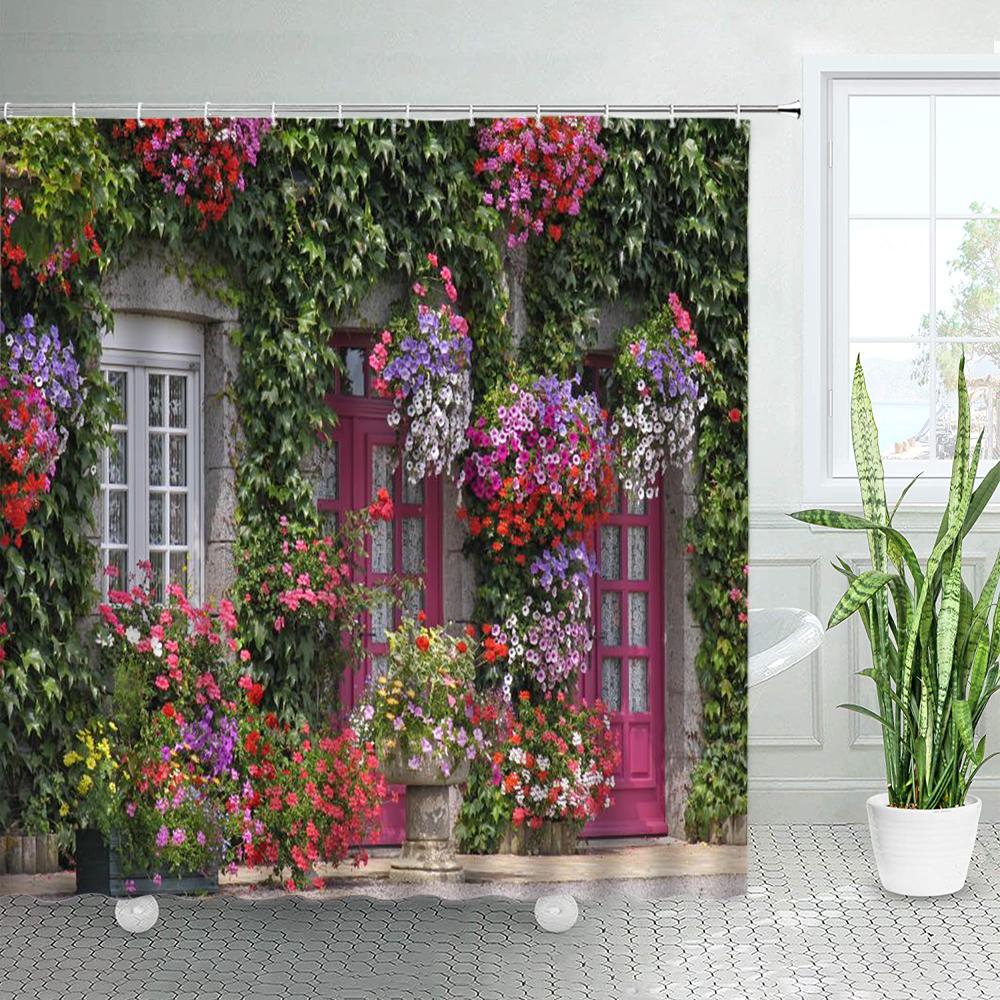 Spring Rural Landscape Shower Curtains Set Pink Flowers Tree Forest Natural Floral Green Plant Scenery With Hooks Bathroom Decor