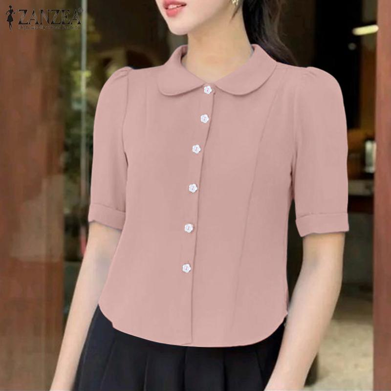 

ZANZEA Women Summer Turn Down Collar Solid Color Casual Short Sleeve Blouse S білий