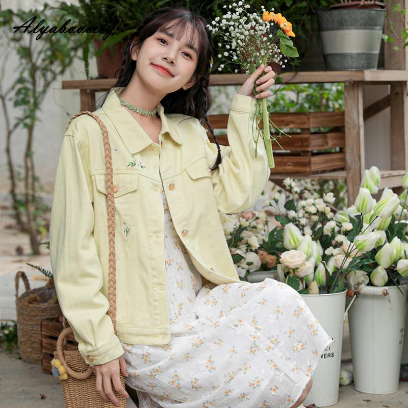 Korean Ulzzang Spring Autumn Women Denim Coat Turn-Down Collar Floral Embroidery Loose Jacket Sweet All Match Girl's Outerwear