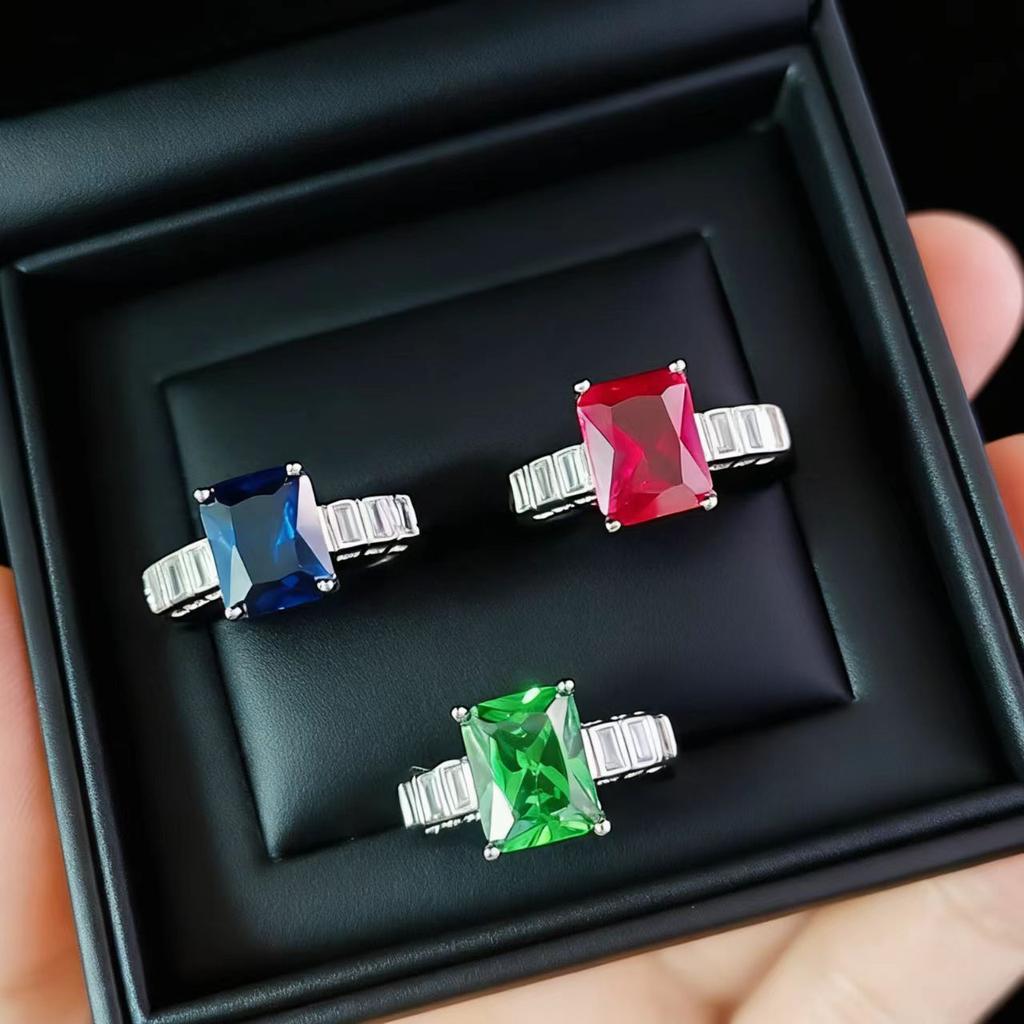 Modeschmuck Schmuck Rechteck Zucht Smaragd Ring Persönlichkeit Quadratisch Hochkohlenstoff Diamant Farbe Schatzring Damen