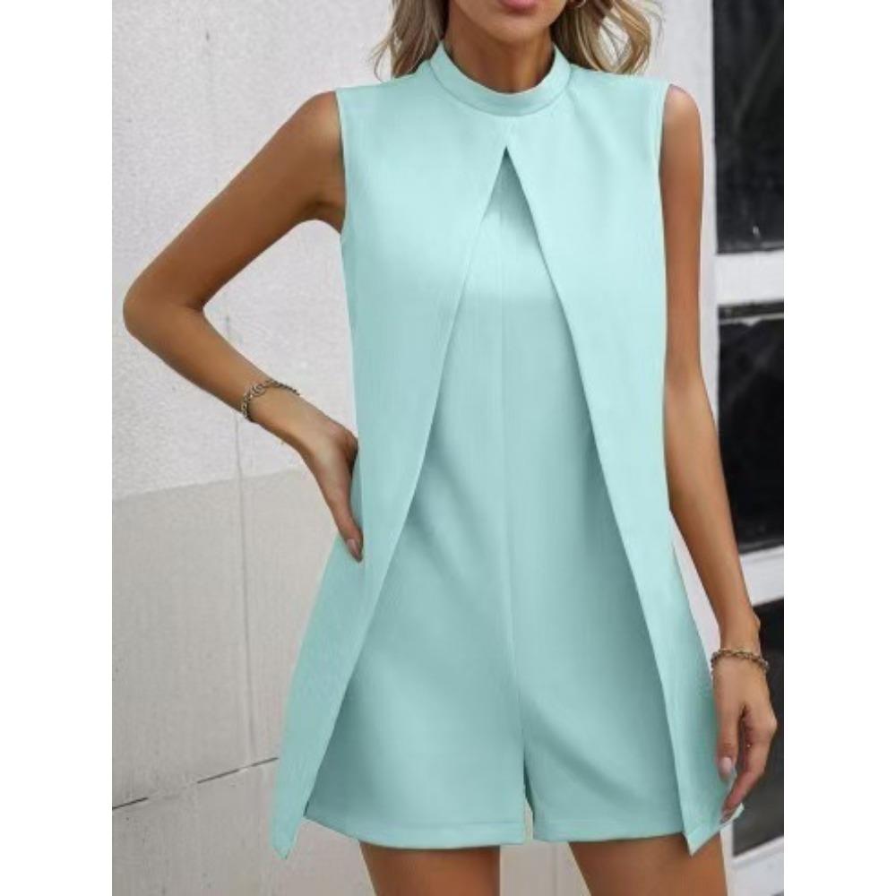 Combinaison courte sans manches à col rond pour femme, couleur unie